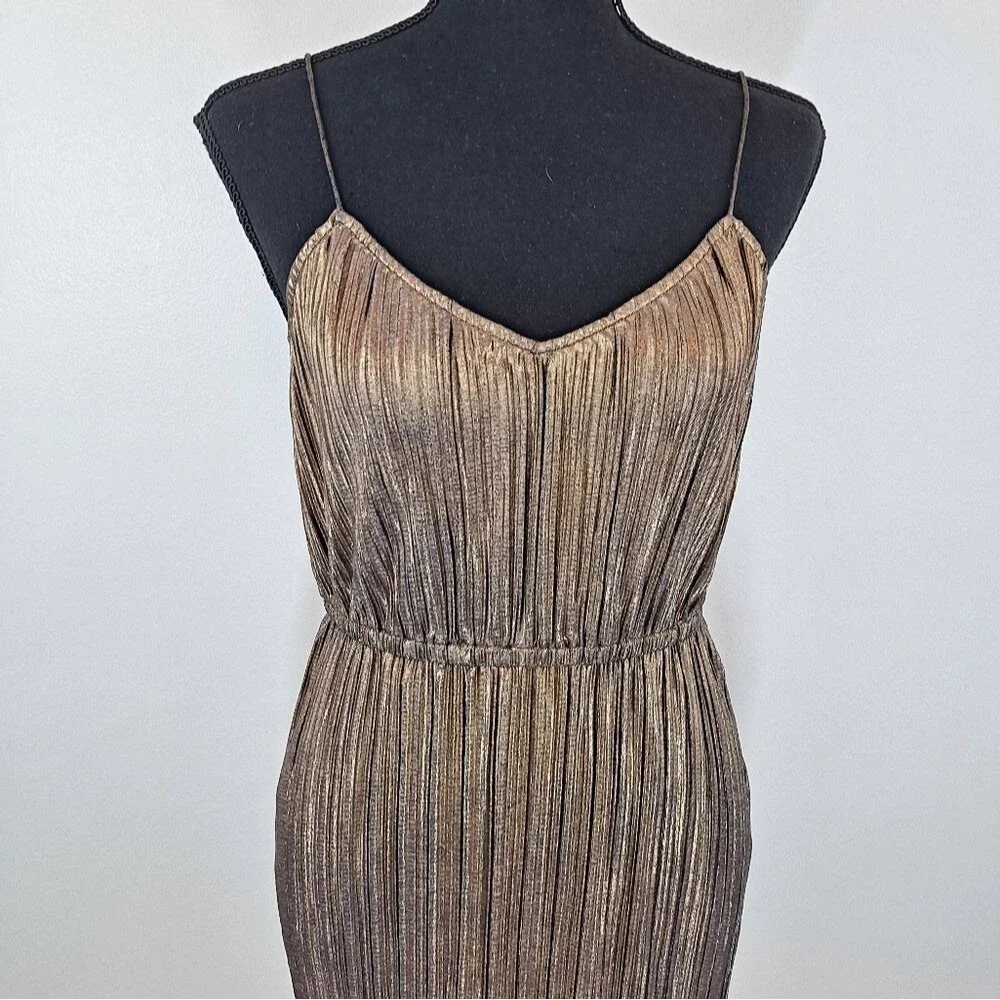 Plenty Tracy Reese Midi Metallic Pleated Shimmery Shiny Cinched Waist Dress - Picture 3 of 7